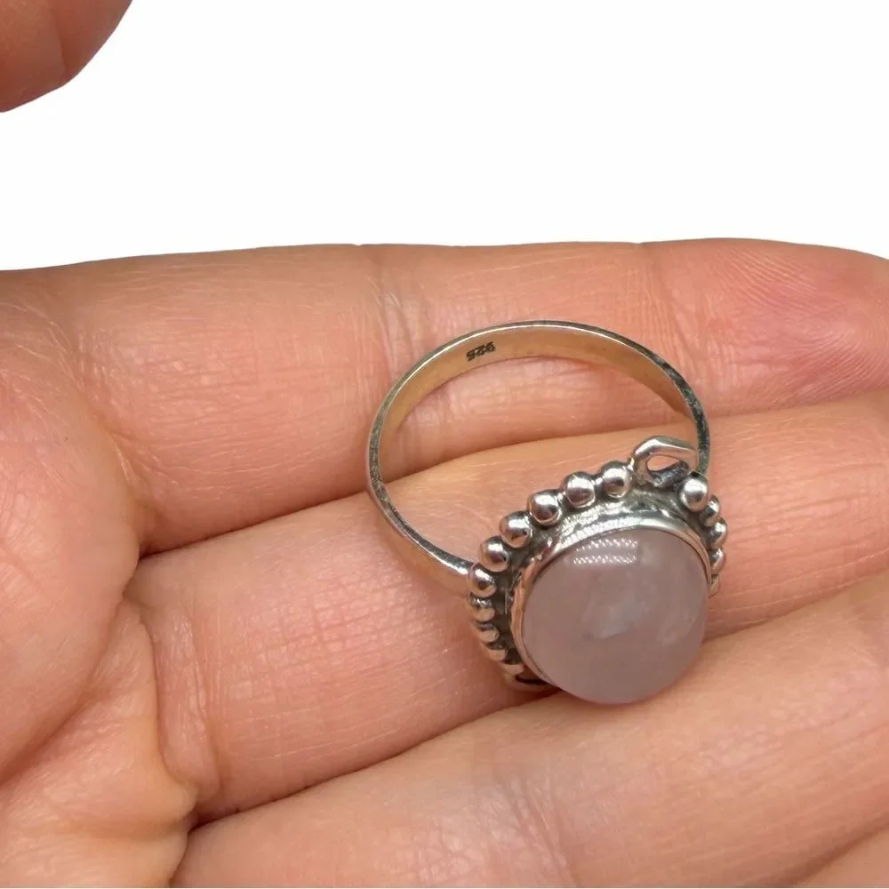 Rose Quartz Ring Size 8 Solid 925 Sterling Silver Pink Oval Stone Crystal
